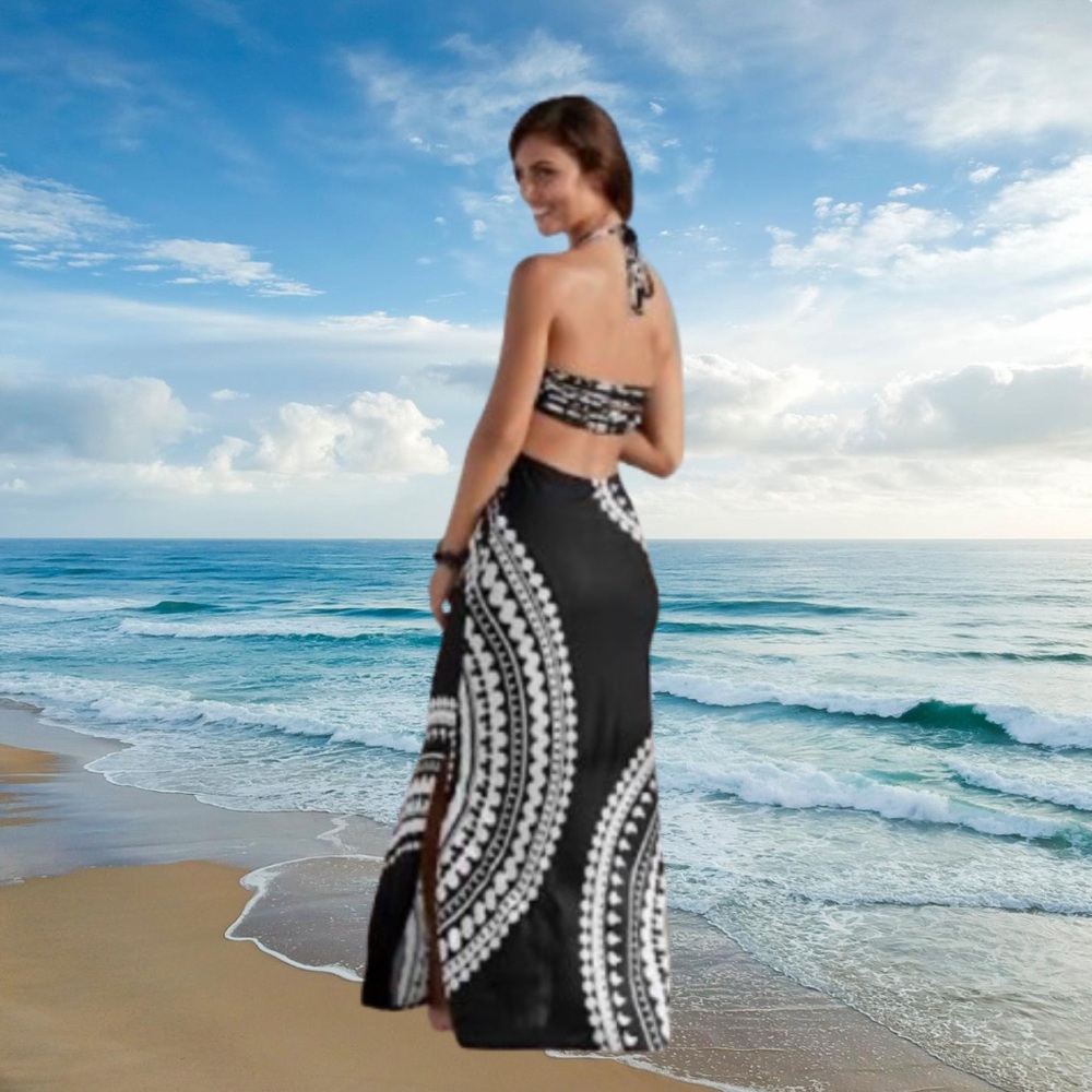 VENUS Black and White Halter Open Back Maxi Dress XL - Picture 4 of 13